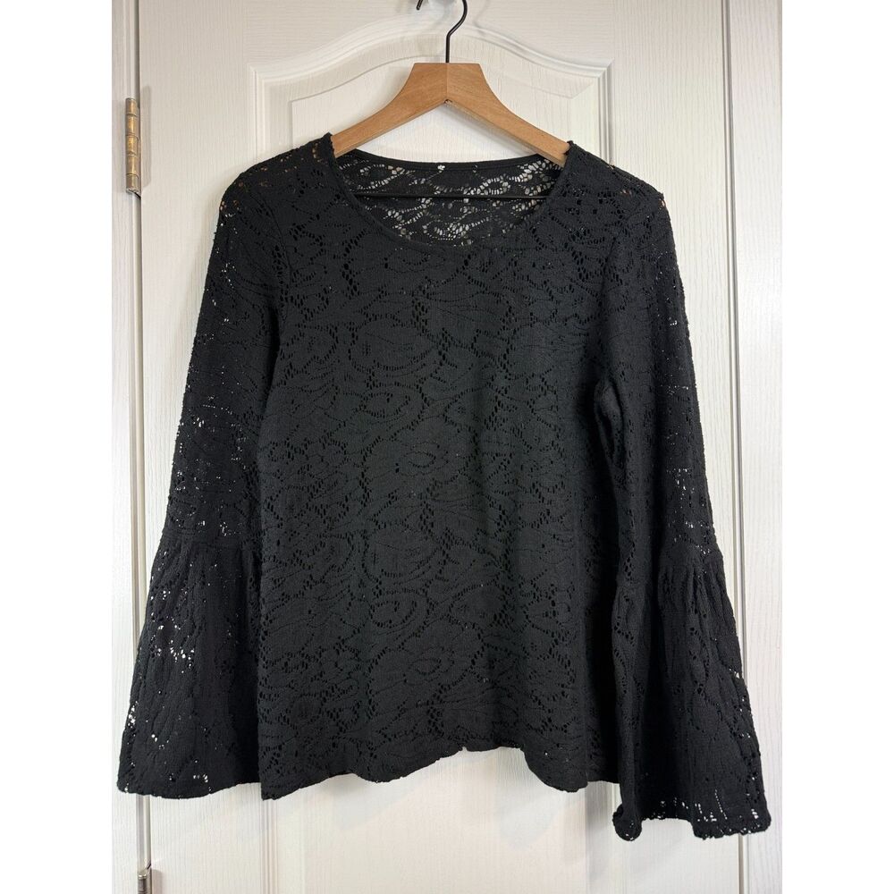 Women's Black Lace Long Sleeve Top Flare Bell Sleeves Size S Small (?)